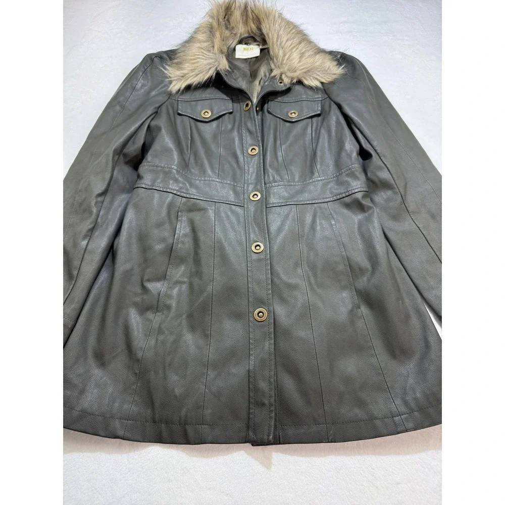 Maeve By Anthropologie Coat Womens Large Gray Faux Leather Fur Collar Winter - Picture 3 of 10